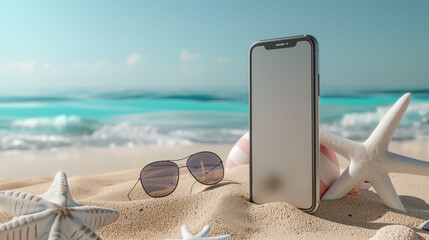 Mobile phone mockup with blank screen on the white sand on the tropical beach with blue water of the sea