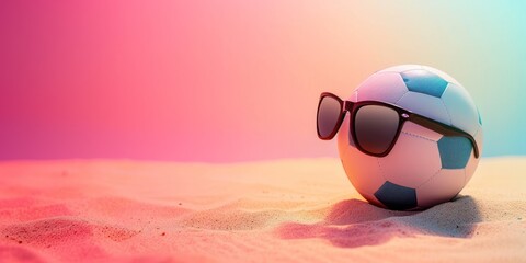 Soccer ball and sunglasses on the sand. Sporty summer concept.
