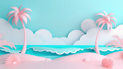 Paper art of a tropical beach with blue ocean, palm tree, sand and sun, summer concept illustration