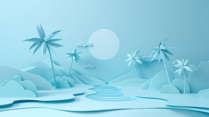 Blue paper art of a tropical landscape with palm trees, river, sky and sun, summer concept illustration
