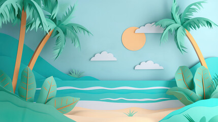 Paper art of a tropical beach with blue ocean, palm tree, sand and sun, summer concept illustration