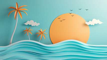 Paper art of a tropical beach with blue ocean, palm tree, sky and sun, summer concept illustration
