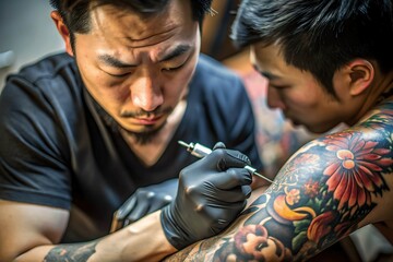 Obraz premium man getting tattoo from asian artist