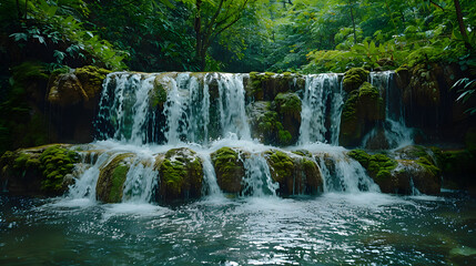 A photo featuring a serene waterfall hidden in the forest. Highlighting the cascading water against moss-covered rocks, while surrounded by lush vegetation