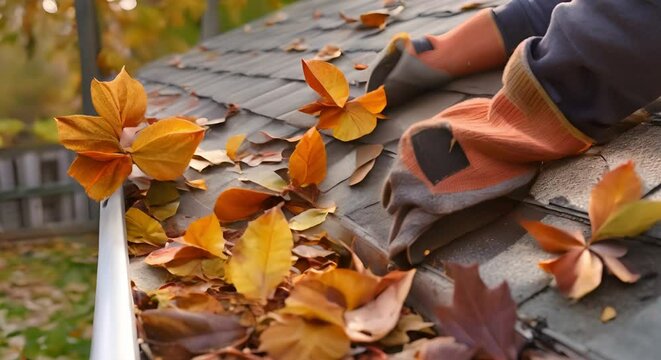 High-Quality Gutter Cleaning Service: Man Cleaning Leaves from a Roof Gutter. Concept Gutter Cleaning, Roof Maintenance, Leaf Removal, Professional Services, Home Exterior Care