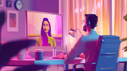 Virtual conference, webinar, online meeting, video call, online chat. Virtual business education and communication. Man and woman talking and discussing on computer screen.