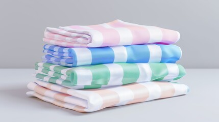 A white and color napkin set isolated on gray background with a blue, pink, and green checkered picnic towel on the left.