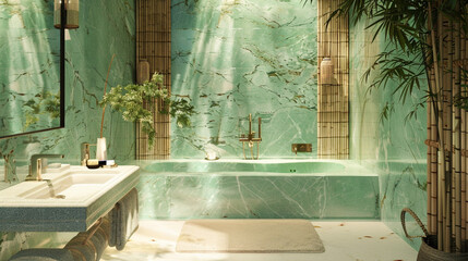 Relaxing spa bathroom with walls of mint green marble, a deep tub, and natural bamboo details.