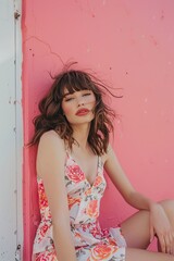 Fototapeta premium Woman Sitting Against Pink Wall