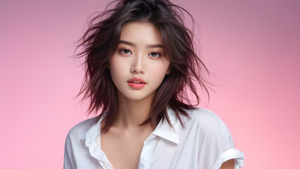 Asian Model's Summer Hair: Messy and Chic, Summer Fashion: Tousled Hair on Asian Girl, Effortless Summer Look: Messy Hair Inspiration for Model, Chic Messy Hairstyle: Asian Model's Fashion