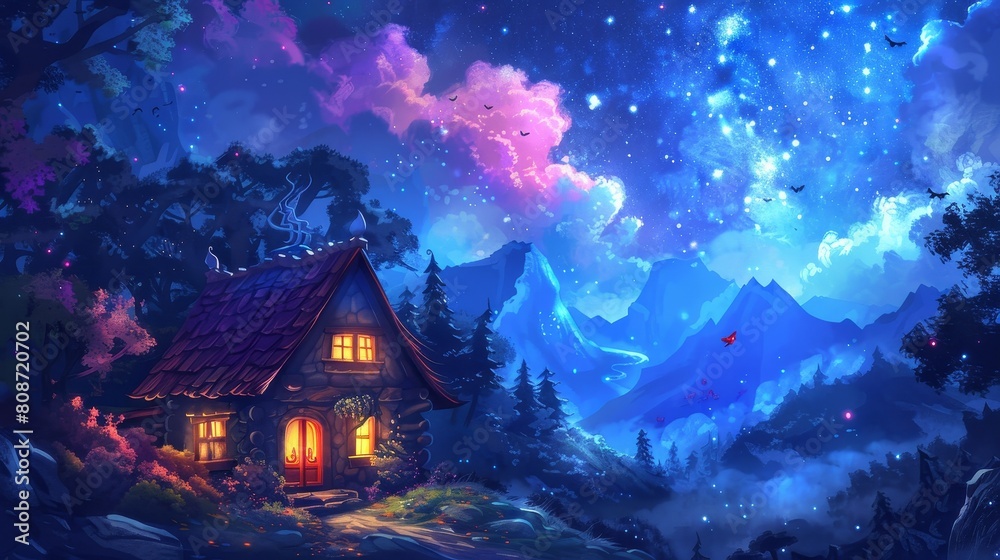 Wall mural house in a night forest with mountains and fireflies in the background. spooky and mystic small cott