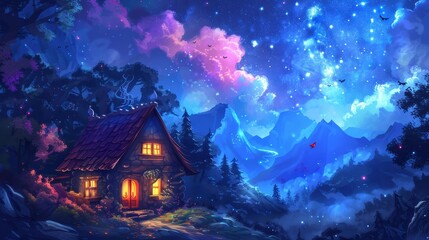 House in a night forest with mountains and fireflies in the background. Spooky and mystic small cottage exterior with starry sky above.