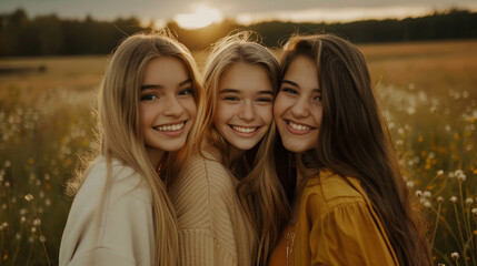 Fototapeta premium Three young women are smiling and posing for a picture in a field of flowers