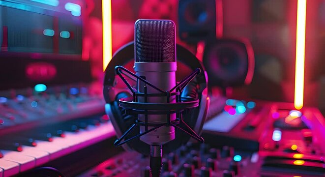 Closeup of microphone and headphones in neon lighting in a recording studio. Concept Neon Lighting, Recording Studio, Closeup, Microphone, Headphones