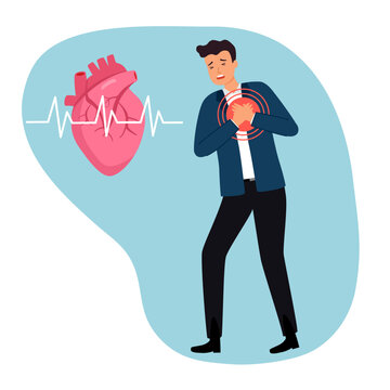 Man with heart attack symptom in flat design. Heart disease concept.