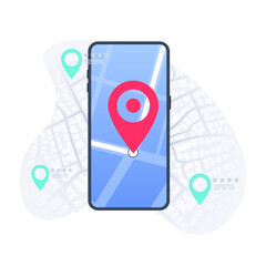 Online mobile application for navigation. Smartphone, road on the screen and big pin. Location with GPS map. Vector illustration with city map background