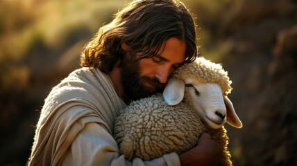 .A captivating image capturing the transformative moment of Jesus rescuing the lost sheep
