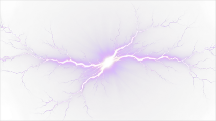 Purple lightning bolt strike set. Thunderstorm light effect  on transparent background