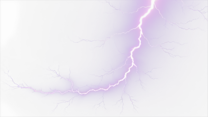 Purple lightning bolt strike set. Thunderstorm light effect  on transparent background