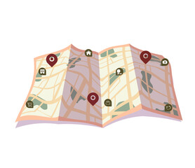 Paper folded map filled with various icons and symbols. Map include streets, landmarks with a variety of icons and symbols. Vector flat illustration on white background.