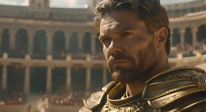 King in golden armor with trimmed beard regal yet fierce in arena. Concept Fierce Warrior, Medieval Style, Golden Armor, Regal King, Arena Battle
