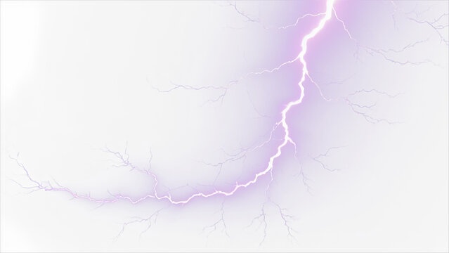 Purple lightning bolt strike set. Thunderstorm light effect  on transparent background