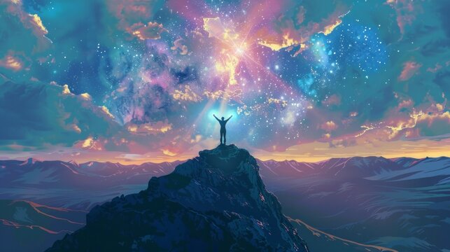 Lightworker Channeling Cosmic Energy atop Mountain