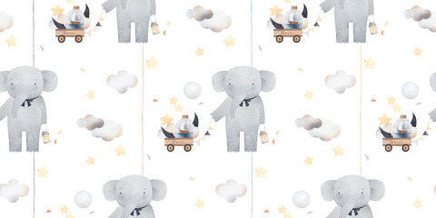 Cute elephant, moon, clouds and ship. Watercolor seamless pattern background. Decor for a children's room.