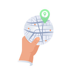 Concept of exploration and travel. Hand holding map with green marker on it. Map with city. Vector illustration on white background