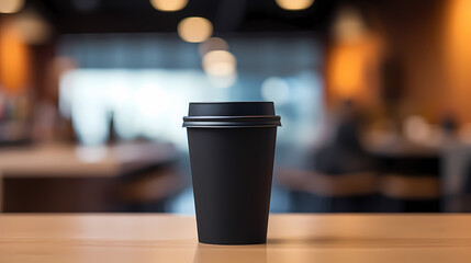 Black paper coffee cup on modern cafe table