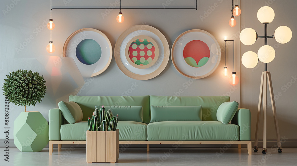 Sticker Stylish living room, green sofa, art posters, wooden cacti holder, modern lighting - Stickers