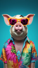 Contemporary collage pig animal head wearing Hawaiian style clothes. Fashion,artwork emotions, ad, sales, surrealism concept. Poster, banner and flyer. Look calm, and respectably