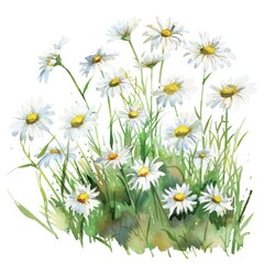 Fototapeta premium Watercolor painting of a whimsical wildflower meadow alive with color and movement, on isolated white background, Generative AI