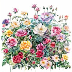 Watercolor painting of an elegant rose garden filled with blooms of various colors, on isolated white background, Generative AI