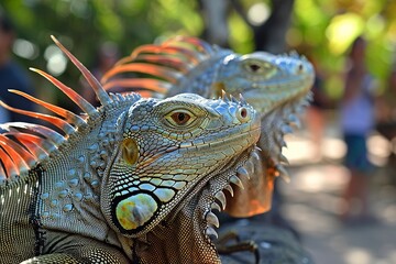 Fototapeta premium Two Large Lizards Resting on Top of a Rock