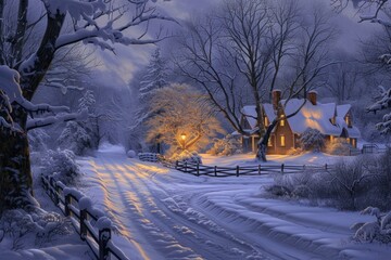 Naklejka premium Tranquil Beautiful snow scene. Winter nature snowy scene road. Generate Ai