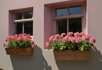 Fototapeta na wymiar Pink geraniums blooming in window boxes, generative AI
