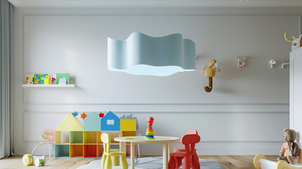 Light blue paper shade whimsical pendant, overhead in a children's playroom.