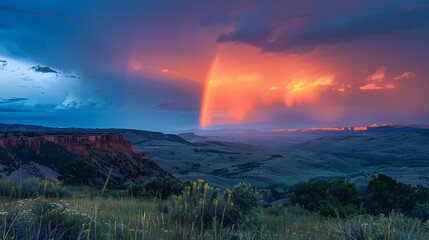 A photo featuring a vibrant rainbow over a picturesque valley. Highlighting the colorful arc against storm clouds, while surrounded by rolling hills