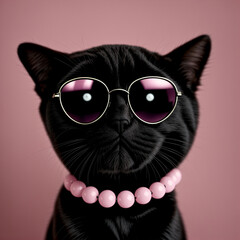 black cat wear sunglasses pink background.