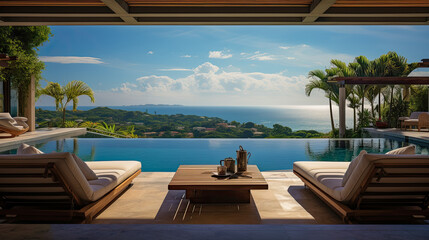 day lights Photograph an opulent villa escape: infinity pool vistas, panoramic landscapes, lavish interiors