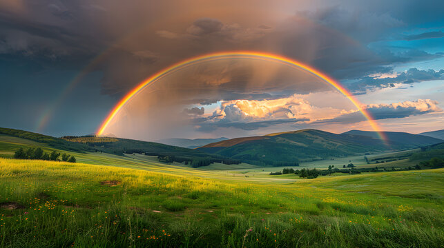 A photo featuring a vibrant rainbow over a picturesque valley. Highlighting the colorful arc against storm clouds, while surrounded by rolling hills