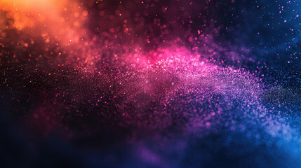 Vibrant color grainy gradient on a dark background, blending shades of orange, blue, pink, and purple with abstract glowing light shapes and noise texture, perfect for a poster design with ample copy 