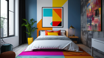 .A picture of a vibrant pop art print adorning the walls of a retro-themed bedroom