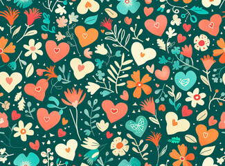 Whimsical floral and heart pattern with vibrant colors on a dark green background.