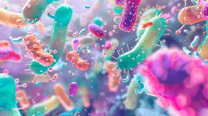 Colorful illustration of bacteria and microbes, detailed microscopic view.