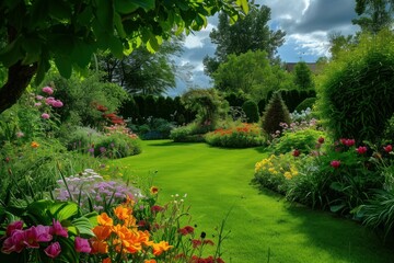 Fragrant Summer garden flowers lawn. Floral beautiful. Generate Ai