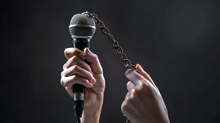 Woman hand with microphone tied with a chain, depicting the idea of freedom of the press or freedom of expression on dark background. World press freedom day concept.
