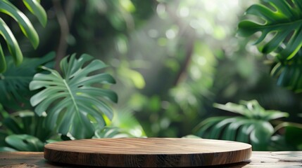 Green monstera tropical forest plant nature background on wood podium display. Beauty cosmetic healthy natural product placement. Spring or summer jungle paradise theme.