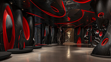 Bold theater lobby adorned with black and red abstract shapes and artistic sculptures.